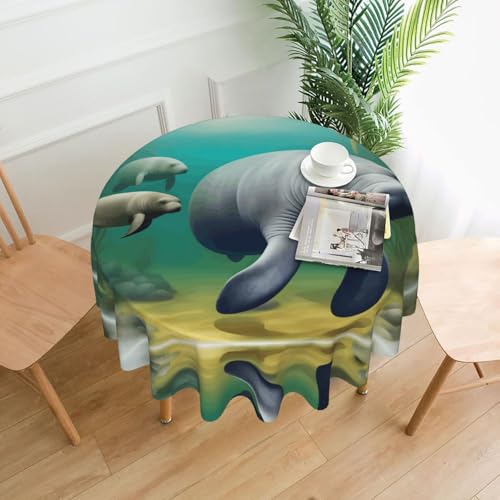 BROLEO Tischdecke mit Seekuh-Tierdruck, rund, 152,4 cm, wasserdicht und schmutzabweisend, geeignet für Restaurants von BROLEO