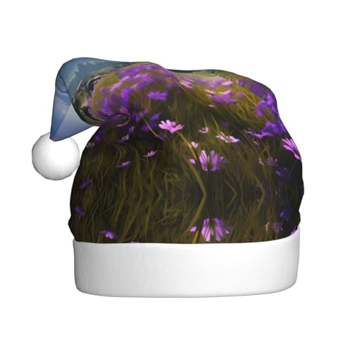 BROLEO Weihnachtsmütze für Erwachsene – Hochwertiger Stoff Weihnachtsmannmütze für Weihnachten, Halloween und Neujahrsfeiern, Natur, Lila, Blumen, Wiese, Berge, malerisches Bild BROLEO Weihnachtsmütze für Erwachsene – Hochwertiger Stoff Weihnachtsmannmütze für Weihnachten, Halloween und Neujahrsfeiern, Natur, Lila, Blumen, Wiese, Berge, malerisches Bild von BROLEO