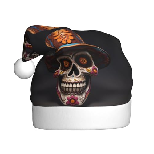 BROLEO Weihnachtsmütze für Erwachsene – Hochwertiger Stoff Weihnachtsmannmütze für Weihnachten, Halloween und Neujahrsfeiern, mexikanisches Halloween-Totenkopfbild von BROLEO