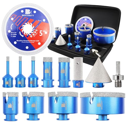 BRSCHNITT Diamantbohrer Fliesenbohrer Set -6/6/8/20/25/35/50/68/110 Diamantbohrer& 20mm Diamant Fingerfräser 50mm Fasenbohrer Adapter Keramik, Granit, Porzellan, Fliesen, Feinsteinzeug,Mauerwer von BRSCHNITT