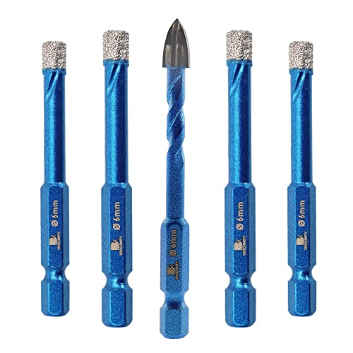 Diamantbohrer Fliesenbohrer Set 6mm - BRSCHNITT 5 Stück Sechskant-Schaft fliesenbohrer set- Lochsäge für Keramik, Granit, Porzellan, Fliesen, Feinsteinzeug, Mauerwerk, Marmor. von BRSCHNITT