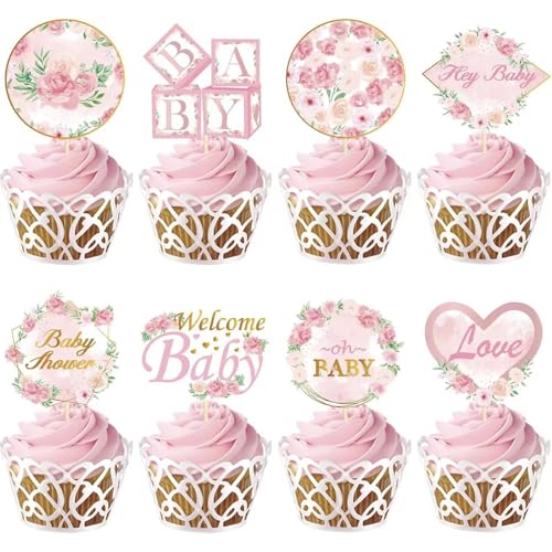48 Stück Cupcake Topper, Geburtstag Kuchen Deko, Kuchen Deko Kinder, Cupcake Topper Dekoration, Dessert Deko für Birthday Party Supplies Feiern Party Events Baby Shower (Rosa Blüten) von BRTNUP