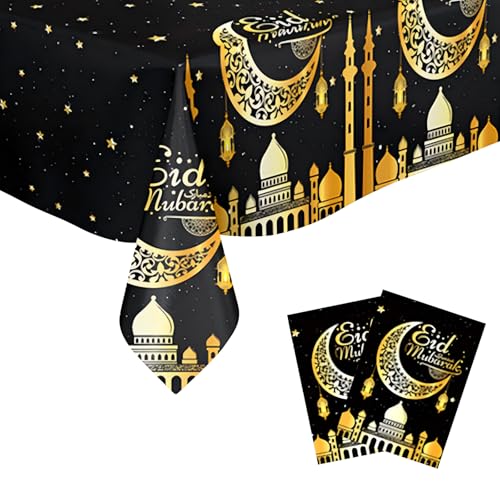 BRTNUP 2 Stück Eid Tischdecken Mubarak Ramadan Tischdecke 137x274 cm Große Mond und Stern Tischdecke, Wasserdicht Kunststoff Rechteckige Tischdecke für Eid Mubarak Ramadan Muslim Party (Schwarz Gold) BRTNUP 2 Stück Eid Tischdecken Mubarak Ramadan Tischdecke 137x274 cm Große Mond und Stern Tischdecke, Wasserdicht Kunststoff Rechteckige Tischdecke für Eid Mubarak Ramadan Muslim Party (Schwarz Gold) von BRTNUP