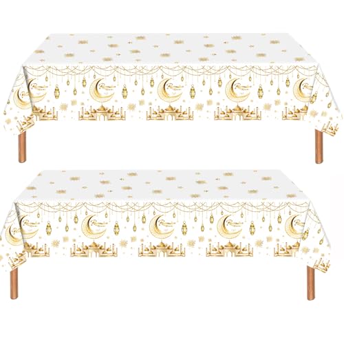 BRTNUP 2 Stück Eid Tischdecken Mubarak Ramadan Tischdecke 137x274 cm Große Mond und Stern Tischdecke, Wasserdicht Kunststoff Rechteckige Tischdecke für Eid Mubarak Ramadan Muslim Party (Weiß) von BRTNUP