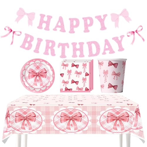 BRTNUP 43 Stück Partyzubehör mit rosa Schleife, Teller, Becher, Servietten und Geburtstagsbanner mit Schleife für die Babyparty eines Mädchens (10 Gäste) von BRTNUP