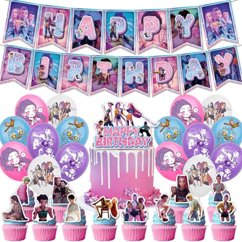 Kp - Demo Hunter Geburtstagsdekorationsset, Huntr/X Rumi Mira Zoey Jinu Saja Jungen Kuchenaufsatz Cupcake Topper Banner Luftballons Party Dekorationen Zubehör für Kinderfans Themenpartys Zubehör Kit von BRTNUP