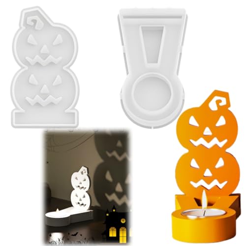 Silikonform Halloween Kerzenhalter,Silikonformen Gießformen Herbst für LED, Epoxidharz & Gips,Halloween Deko DIY für Zuhause (Suitable for tea light candles, 2 Pumpkins) von BRTNUP