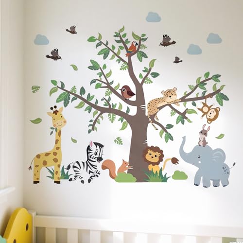 Wandtattoo, 2 Bilder 90x30 cm Dschungel Wald Tierbaum Wandtattooe Tiere, Wandtattoo Dschungel, Wildtier Elefant Giraffe Affe Wandaufkleber, Kinderzimmer Schlafzimmer Wanddekoration (Dschungeltiere) von BRTNUP