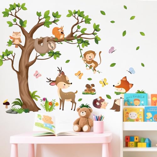 Wandtattoo, 2 Bilder 90x30 cm Dschungel Wald Tierbaum Wandtattooe Tiere, Wandtattoo Dschungel, Wildtier Elefant Giraffe Affe Wandaufkleber, Kinderzimmer Schlafzimmer Wanddekoration (Kleine Tiere) von BRTNUP