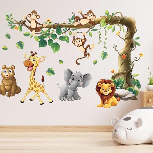 Wandtattoo, 2 Bilder 90x30 cm Dschungel Wald Tierbaum Wandtattooe Tiere, Wandtattoo Dschungel, Wildtier Elefant Giraffe Affe Wandaufkleber, Kinderzimmer Schlafzimmer Wanddekoration (Tierpartei) von BRTNUP