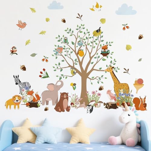 Wandtattoo, 2 Bilder 90x30 cm Dschungel Wald Tierbaum Wandtattooe Tiere, Wandtattoo Dschungel, Wildtier Elefant Giraffe Affe Wandaufkleber, Kinderzimmer Schlafzimmer Wanddekoration (Wilde Tiere) von BRTNUP