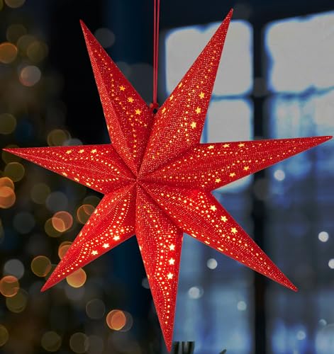 BRUBAKER 3D Weihnachtsstern zum Aufhängen - Fenster Papierstern mit E14 Fassung - 60 cm Deko Muster Adventsstern - Weihnachten Leuchtstern Set mit 3,5 m Kabel - Hängend - Rot von BRUBAKER