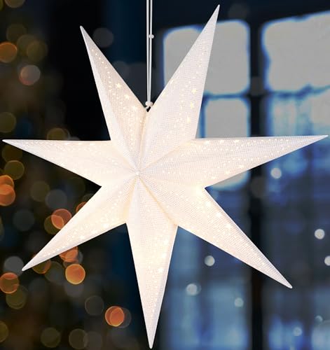 BRUBAKER 3D Weihnachtsstern zum Aufhängen - Fenster Papierstern mit E14 Fassung - 60 cm Deko Muster Adventsstern - Weihnachten Leuchtstern Set mit 3,5 m Kabel - Hängend - Weiß von BRUBAKER