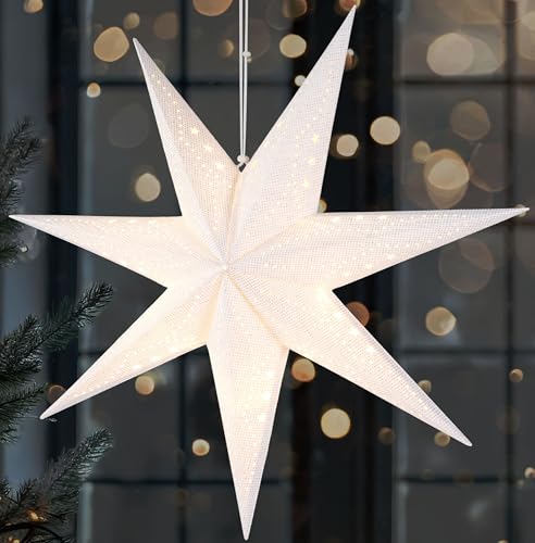 BRUBAKER 3D Weihnachtsstern zum Aufhängen - LED Papierstern mit Timer - 60 cm Adventsstern mit modernem Muster - Batteriebetrieben und Beleuchtet - Weihnachten Deko Leuchtstern für Fenster - Weiß von BRUBAKER
