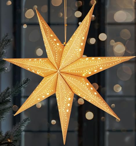 BRUBAKER 3D Weihnachtsstern zum Aufhängen - LED Papierstern mit Timer - 60 cm Adventsstern mit modernem Muster - Batteriebetrieben und Beleuchtet - Weihnachtsdeko Leuchtstern - Gold von BRUBAKER