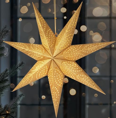 BRUBAKER 60 cm Papier Weihnachtsstern zum Aufhängen - LED Adventsstern für Weihnachtsdeko und Fenster - 3D Papierstern mit Timer-Funktion - Hängender Leuchtstern - Gold von BRUBAKER