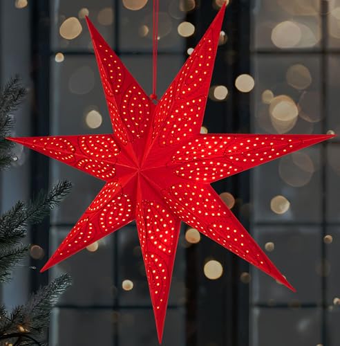 BRUBAKER 60 cm Papier Weihnachtsstern zum Aufhängen - LED Adventsstern für Weihnachtsdeko und Fenster - 3D Papierstern mit Timer-Funktion - Hängender Leuchtstern - Rot von BRUBAKER