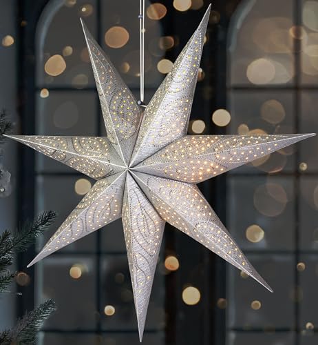 BRUBAKER 60 cm Papier Weihnachtsstern zum Aufhängen - LED Adventsstern für Weihnachtsdeko und Fenster - 3D Papierstern mit Timer-Funktion - Hängender Leuchtstern - Silber von BRUBAKER