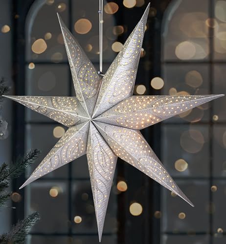 BRUBAKER 60 cm Papier Weihnachtsstern zum Aufhängen - LED Adventsstern für Weihnachtsdeko und Fenster - 3D Papierstern mit Timer-Funktion - Hängender Leuchtstern - Silber BRUBAKER 60 cm Papier Weihnachtsstern zum Aufhängen - LED Adventsstern für Weihnachtsdeko und Fenster - 3D Papierstern mit Timer-Funktion - Hängender Leuchtstern - Silber von BRUBAKER