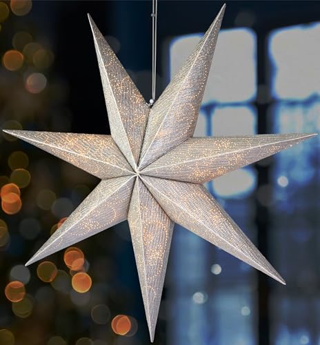 BRUBAKER 60 cm Weihnachtsstern für Innen - Adventsstern mit E14 Fassung Hängend - Fenster Leuchtstern zum Aufhängen - Stern Set Weihnachten mit 3,5 m Kabel - 3D Papierstern Deko - Silber von BRUBAKER