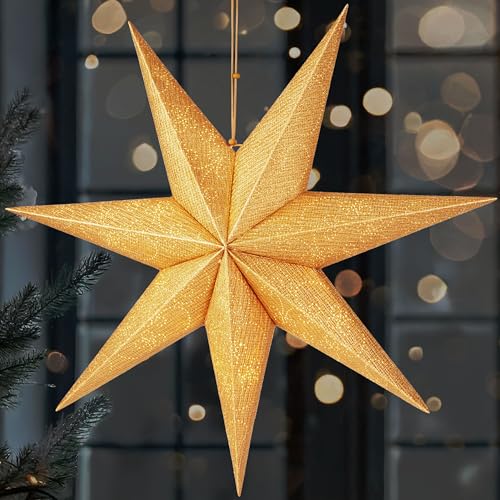 BRUBAKER 60 cm Weihnachtsstern für Innen - LED Adventsstern Hängend - Leuchtstern zum Aufhängen für Fensterdeko und Weihnachtsdeko - 3D Papierstern Deko Weihnachten - Gold von BRUBAKER