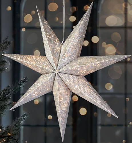 BRUBAKER 60 cm Weihnachtsstern für Innen - LED Adventsstern Hängend - Leuchtstern zum Aufhängen für Fensterdeko und Weihnachtsdeko - 3D Papierstern Deko Weihnachten - Silber von BRUBAKER