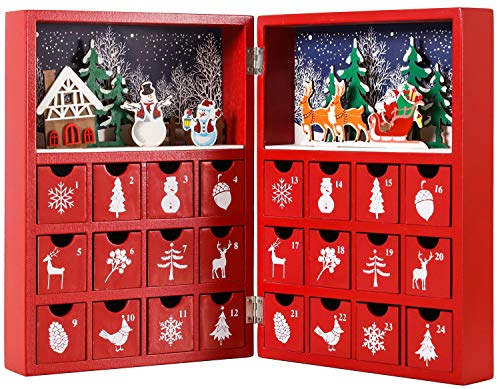 BRUBAKER Adventskalender aus Holz zum Befüllen - Rotes Weihnachtsbuch mit 24 Türchen - Wiederverwendbarer DIY Weihnachtskalender 21 x 9 x 30 cm von BRUBAKER
