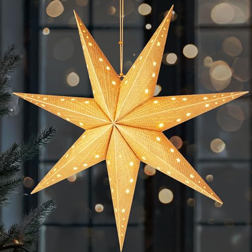 BRUBAKER LED Weihnachtsstern zum Aufhängen - 60 cm Papierstern mit 7 Spitzen - 3D Adventsstern - Batteriebetrieben, Hängend und Beleuchtet - Fenster Deko Leuchtstern - Gold von BRUBAKER
