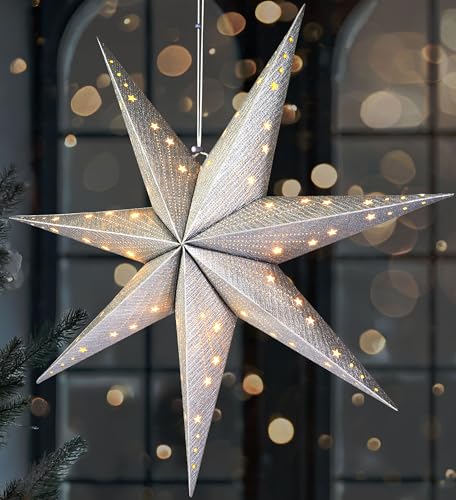 BRUBAKER LED Weihnachtsstern zum Aufhängen - 60 cm Papierstern mit 7 Spitzen - 3D Adventsstern - Batteriebetrieben, Hängend und Beleuchtet - Fenster Deko Leuchtstern - Silber von BRUBAKER