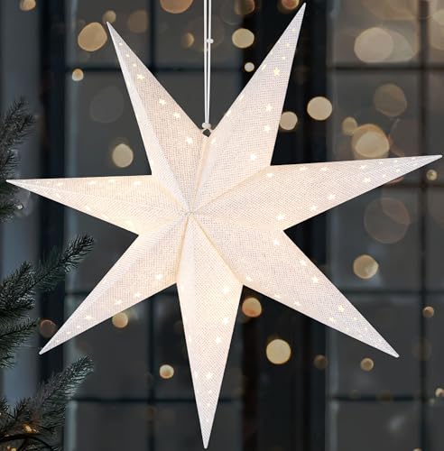 BRUBAKER LED Weihnachtsstern zum Aufhängen - 60 cm Papierstern mit 7 Spitzen - 3D Adventsstern - Batteriebetrieben, Hängend und Beleuchtet - Fenster Deko Leuchtstern - Weiß von BRUBAKER