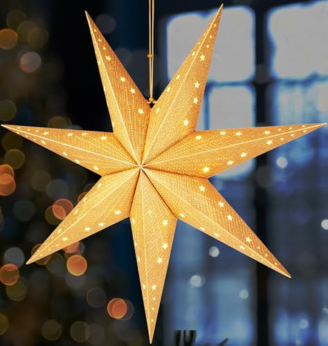 BRUBAKER Weihnachtsstern zum Aufhängen mit E14 Fassung - 60 cm Papierstern Set mit 3,5 m Kabel - 3D Adventsstern - Fenster Deko Leuchtstern Hängend - Gold von BRUBAKER