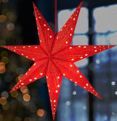 BRUBAKER Weihnachtsstern zum Aufhängen mit E14 Fassung - 60 cm Papierstern Set mit 3,5 m Kabel - 3D Adventsstern - Fenster Deko Leuchtstern Hängend - Rot von BRUBAKER