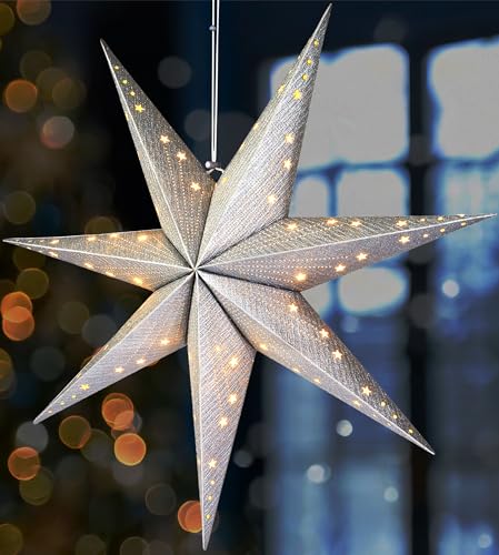 BRUBAKER Weihnachtsstern zum Aufhängen mit E14 Fassung - 60 cm Papierstern Set mit 3,5 m Kabel - 3D Adventsstern - Fenster Deko Leuchtstern Hängend - Silber von BRUBAKER