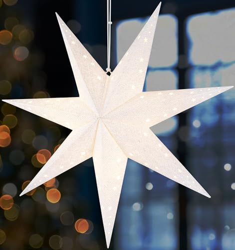 BRUBAKER Weihnachtsstern zum Aufhängen mit E14 Fassung - 60 cm Papierstern Set mit 3,5 m Kabel - 3D Adventsstern - Fenster Deko Leuchtstern Hängend - Weiß von BRUBAKER