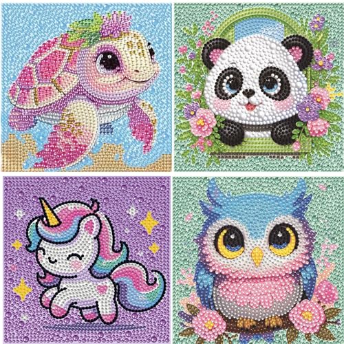 4er Set Diamond Painting Kinder Tiere Set, Kreative Diamant Painting Bilder, DIY Mosaik Bastelset für 6-8 10-12 Jahre Jungen Mädchen, Daiments Painting Geschenk Kinder Ab 6-10 Jahre (15x15cm) von BRUKUSUR