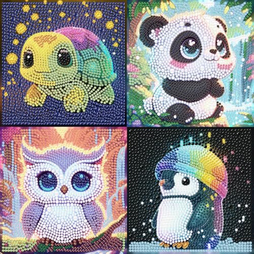 4er Set Diamond Painting Kinder Tiere Set, Kreative Diamant Painting Bilder, DIY Mosaik Bastelset für 6-8 10-12 Jahre Jungen Mädchen, Daiments Painting Geschenk Kinder Ab 6-10 Jahre (15x15cm) von BRUKUSUR