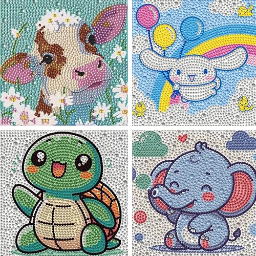 4er Set Diamond Painting Kinder Tiere Set, Kreative Diamant Painting Bilder, DIY Mosaik Bastelset für 6-8 10-12 Jahre Jungen Mädchen, Daiments Painting Geschenk Kinder Ab 6-10 Jahre (15x15cm) von BRUKUSUR