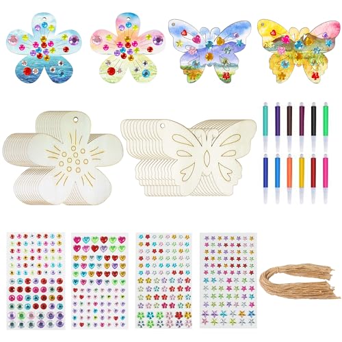 BRUKUSUR 24Stück Holz Blumen zum Bemalen Holzblumen Schmetterlinge Blumen Mit Aquarellstift Glitzersteine zum Basteln Holzherzen Deko für Basteln Kindergeburtstag Gebrtstagsdeko von BRUKUSUR
