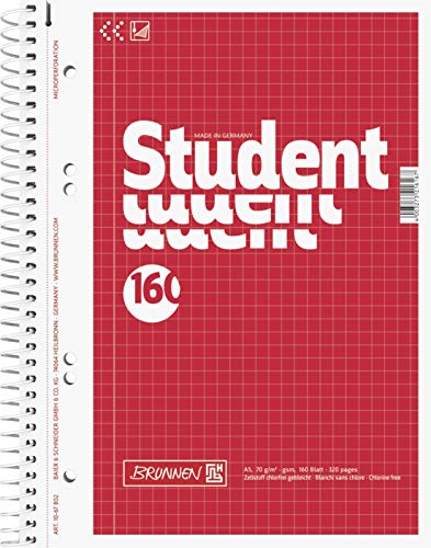 BRUNNEN Notizblock ? Collegeblock Student, kariert (5X A5 70g/m² 160 Blatt) von BRUNNEN