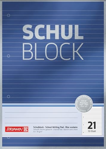 BRUNNEN Schulblock Premium | A4, Lineatur 21, 50 Blatt, blau von BRUNNEN