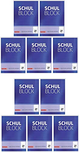 Brunnen 1052527 Schulblock/Notizblock (A4, 50 Blatt, liniert, mit Randlinien, Lineatur 27, gelocht, kopfverleimt, 70 g/m²) (10 Blöcke) von BRUNNEN