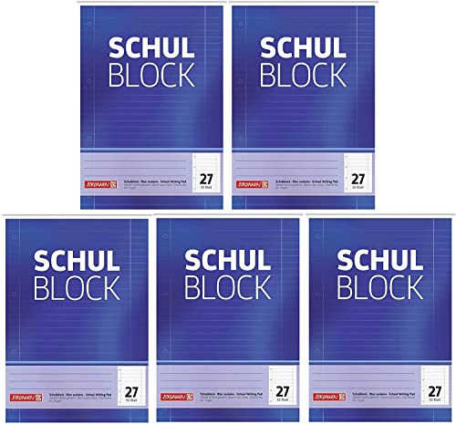 Brunnen 1052527 Schulblock/Notizblock (A4, 50 Blatt, liniert, mit Randlinien, Lineatur 27, gelocht, kopfverleimt, 70 g/m²) (5 Blöcke) von BRUNNEN