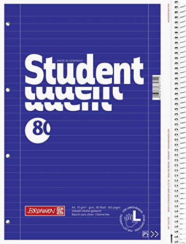 Brunnen 1067907 Notizblock / Collegeblock Student (für Linkshänder, A4, liniert, Lineatur 27, 70 g/m², 80 Blatt mit Spirale rechts) 5 Stück von BRUNNEN