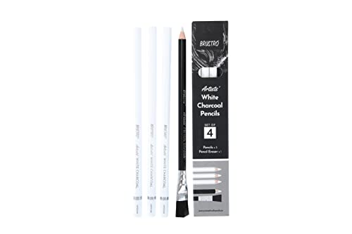 BRUSTRO Weißes Kohlestifte-Set, 5 mm, 3er-Set + 1 Radiergummi, ideal für Studenten, Erwachsene, Schule, Büro, Kohlearbeiten, Skizzieren, Schattieren, Mischen, Zeichnen, Kunst, Handwerk, ungiftig von BRUSTRO