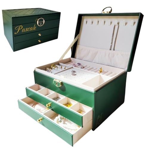BS Schmuckkästchen für Damen und Mädchen | Personalisierte Schmuckschatulle mit Vornamen für Geschenk - Party | Schmuckaufbewahrung abschließbar mit Schlüssel, veganes Leder, Schmuckorganizer (Grün) von BS