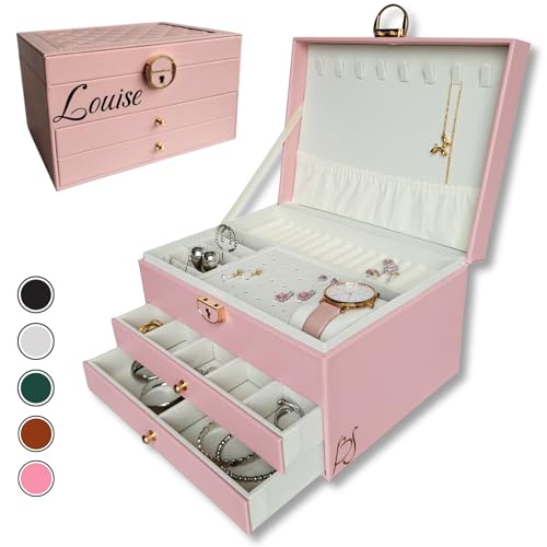 BS Schmuckkästchen für Damen und Mädchen | Personalisierte Schmuckschatulle mit Vornamen für Geschenk - Party | Schmuckaufbewahrung abschließbar mit Schlüssel, veganes Leder, Schmuckorganizer (Rosa) von BS