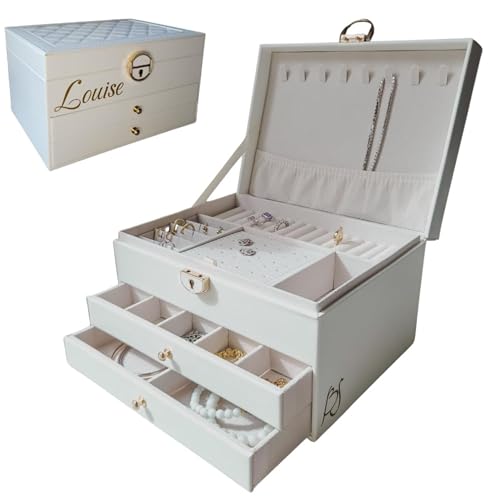 BS Schmuckkästchen für Damen und Mädchen | Personalisierte Schmuckschatulle mit Vornamen für Geschenk - Party | abschließbare Schmuckaufbewahrung mit Schlüssel, Veganes Leder, Schmuckorganizer (Weiß) BS Schmuckkästchen für Damen und Mädchen | Personalisierte Schmuckschatulle mit Vornamen für Geschenk - Party | abschließbare Schmuckaufbewahrung mit Schlüssel, Veganes Leder, Schmuckorganizer (Weiß) von BS