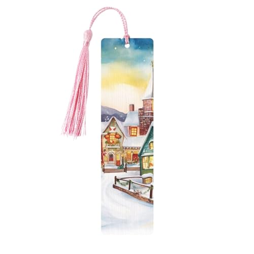 Aquarell-Lesezeichen mit magischem Weihnachtsdorf, Holz-Lesezeichen mit bunten Quasten, Geschenkanhänger, Etiketten, ungewöhnliches Geschenk für Buchliebhaber, Männer und Frauen von BSCKKDMN