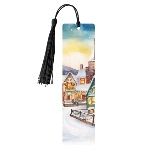 Aquarell-Lesezeichen mit magischem Weihnachtsdorf, Holz-Lesezeichen mit bunten Quasten, Geschenkanhänger, Etiketten, ungewöhnliches Geschenk für Buchliebhaber, Männer und Frauen von BSCKKDMN