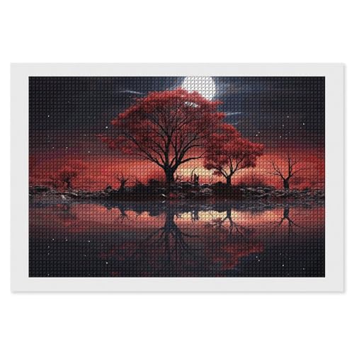 BSCKKDMN Red Tree Lake Moon Diamond Painting Kits für Erwachsene Diamond Art Kit für Anfänger 5D DIY Full Square Diamond Art Craft Kits für Erwachsene für Home Wall Decor von BSCKKDMN